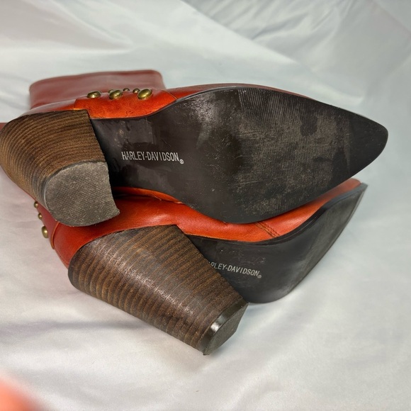 Vintage Harley Davidson Women’s 7.5 Burnt Orange Harness Heeled Boots Side Zip - Picture 9 of 14